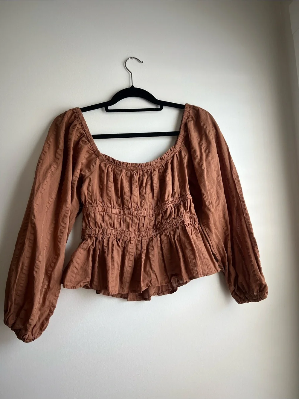 J. Crew Rust Long-Sleeve Smocked Peplum Blouse